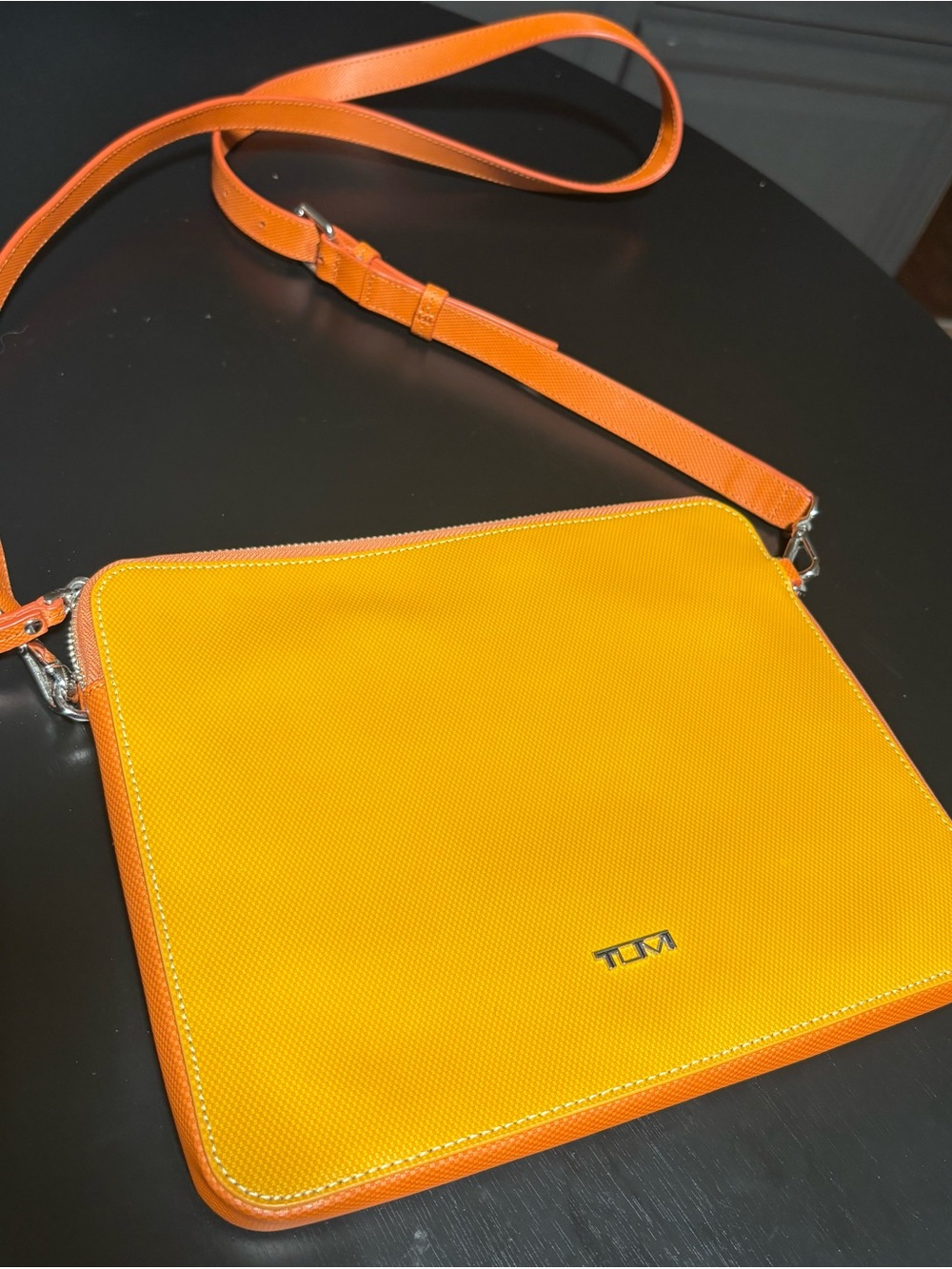 Tumi Yellow w Orange Trim Leather Crossbody Tablet Case Tan Adjustable Strap - Picture 2 of 14